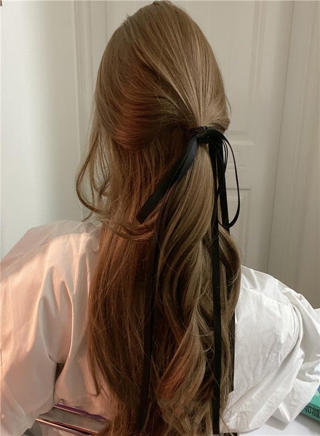 TUCEWP Silky Satin Bow Hair Ties Black Tassel Ribbon Hair Bows for Women Girls Toddlers Long Tail Bowknot Hair Bands for Thick Hair Cute Stretchy Hair Rope Hair Ponytail Holders Sweet Hair Accessories - Image 1